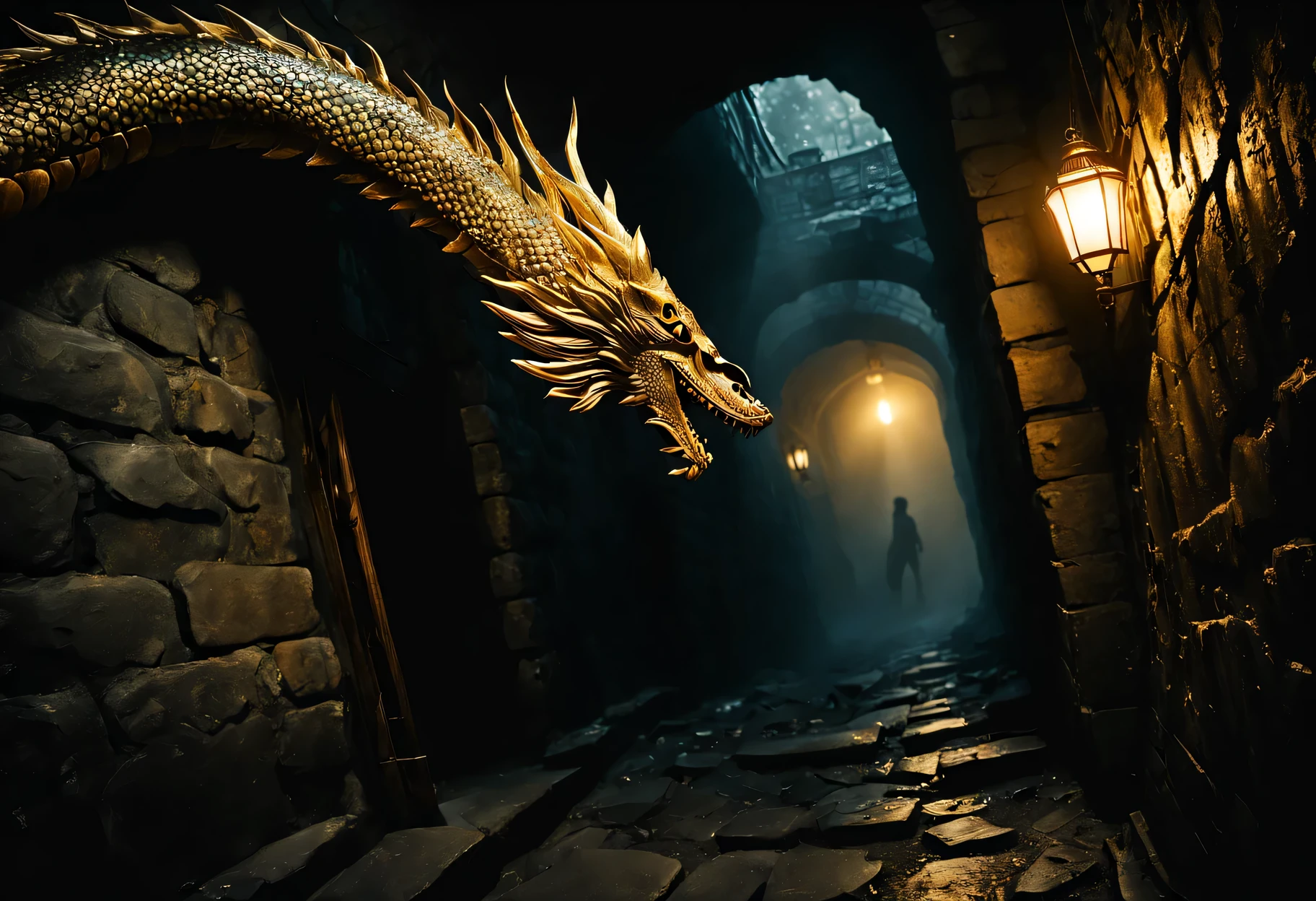 (((There is a golden dragon snake in the dungeon，Meandering on the dark ground)))，(best quality,4K,high resolution,masterpiece:1.2),Super detailed,actual,dark underground scene,Ominous atmosphere,clandestine,mystery,shadow,low key lighting,hidden items,creeping figures,suspenseful,hidden doorway,footsteps echo,underground tunnel,dimly lit passage,The voice of a whisper,Dust and musty smell,ancient building,mystery symbols on the walls,Subtle flickering candlelight,Secrets waiting to be discovered,The feeling of anticipation,Invisible dangers lurk in the darkness,A thrilling sense of adventure,suspenseful ambiance,Chills down the spine,Incredible,unknown depth,脉动的mystery感,shrouded in secrecy,Falling into the unknown,Enchanting darkness,Uncover hidden truths,unexplored secrets,whispers of the past,Dark secrets underground.