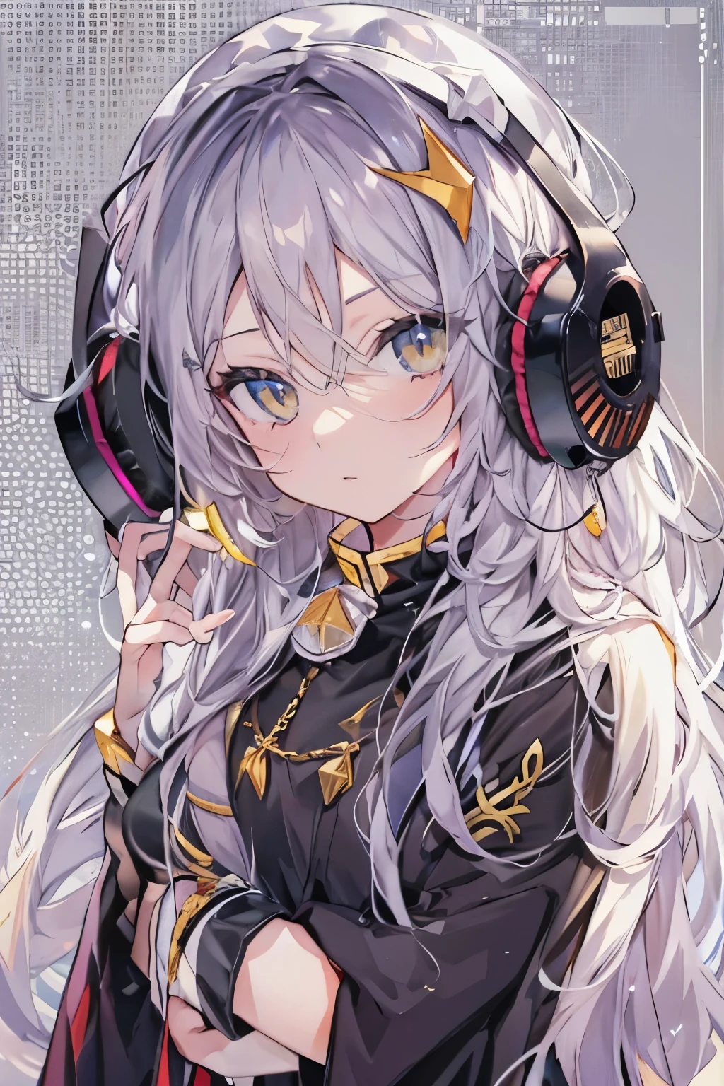 golden eyes、Woman using computer with big screen、silber hair、Semi-long hair、Wearing cool headphones,{{{{{{{{ Black Parker Oversize }}}}}}}},beautiful and delicate golden eyes,Thinking,Black clothes,