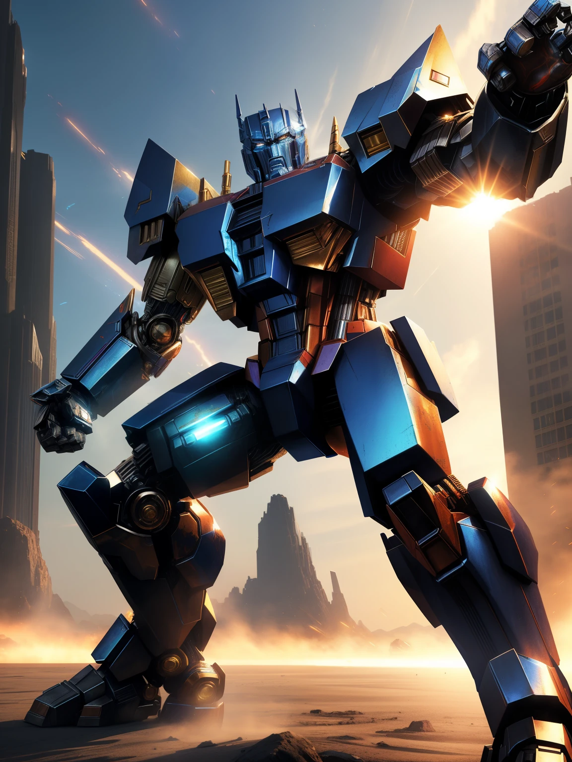 optimus prime, full body, detailed face, robotic body, metallic texture, shiny surface, glowing eyes, intricate detailing, heroic pose, powerful stance, dynamic composition, dramatic lighting, epic battle scene, intense action, high quality 4K resolution, photorealistic rendering, vibrant colors, cinematic atmosphere, sci-fi style