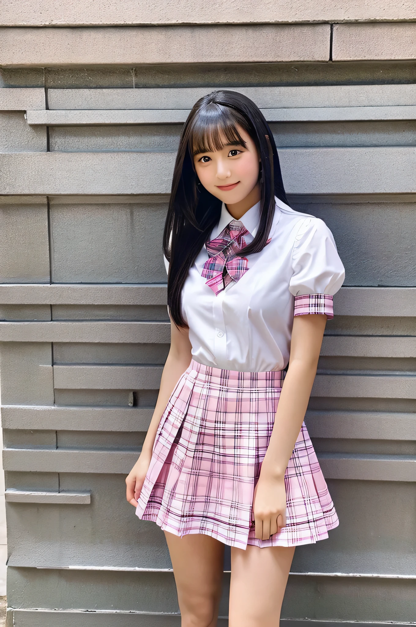 An 18-year-old high school girl wearing a pink plaid super miniskirt and a white dress shirt..（black hair）