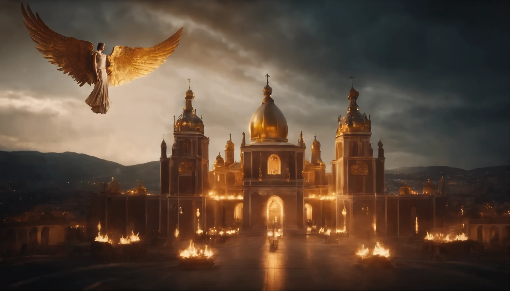 Heavenly place holy city with several Angels with like glow of light flying in the sky , big wings and fire on the ground
