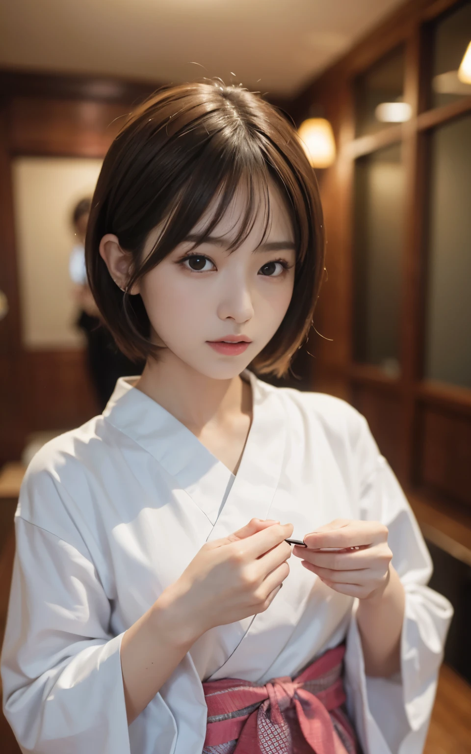 cute 21 year old japanese、super detailed face、Attention to detail、double eyelid、Beautiful thin nose、Sharp focus:1.2、Beauty:1.4、(bright茶髪、short cut hair、white skin、highest quality、bright、masterpiece、ultra high resolution、(realism:1.4)、hostel、yukata、luxurious cuisine、meal、