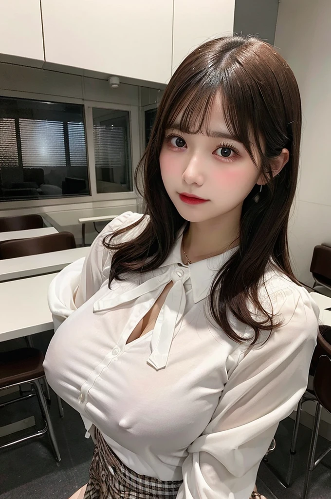 huge tit、G cup、Wearing a white blouse with long sleeves and collars、wearing a brown checked miniskirt
