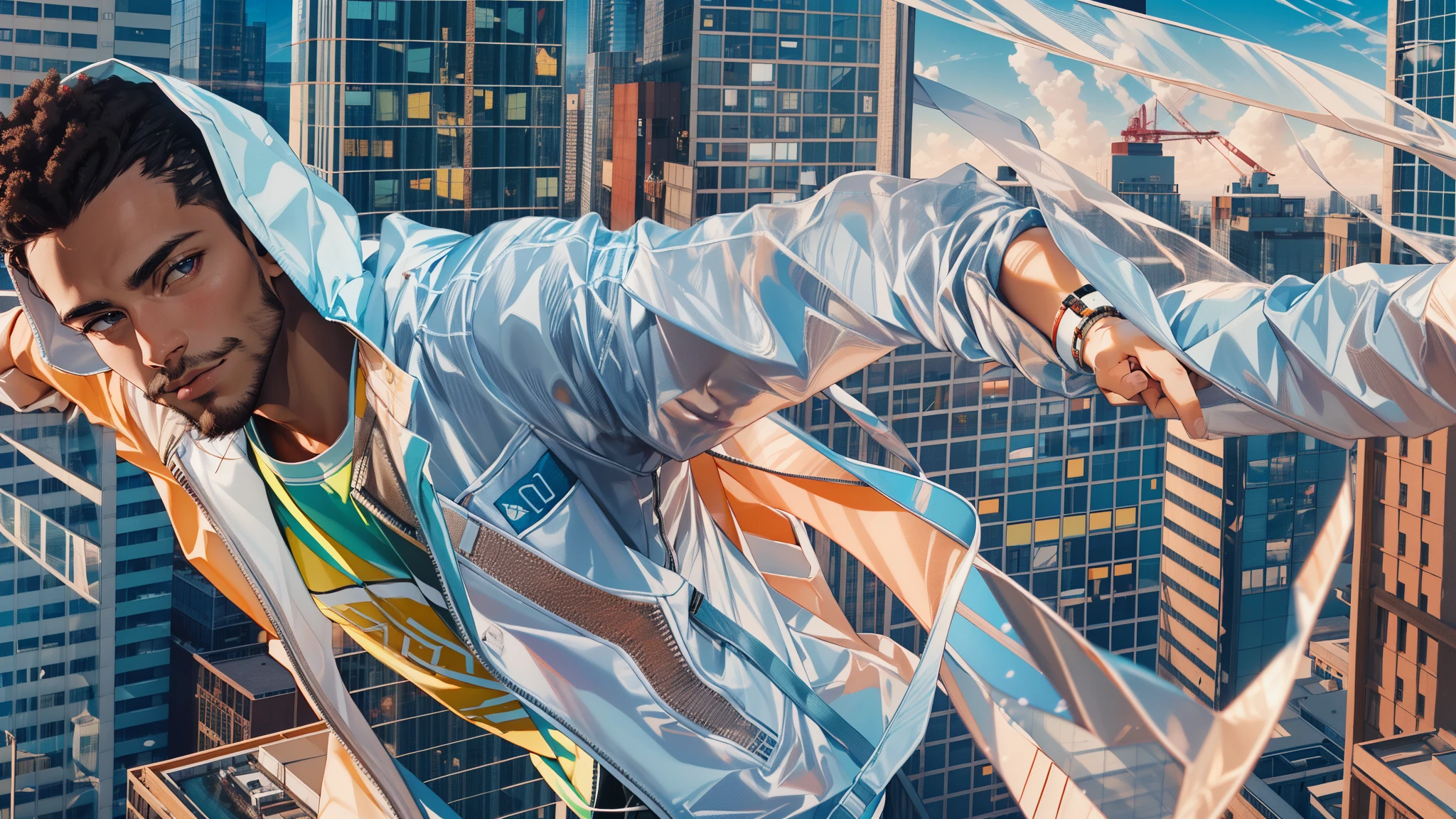 Capture the breathtaking moment as a young, dark-skinned man wearing glasses, dressed in a crisp white windbreaker hoodie crashes through a skyscraper window. This RAW masterpiece showcases an ultra-high resolution, photorealistic full-body portrait, illuminated by the warm glow of sunlight. The scene is rendered in the captivating style of mecha sci-fi anime, boasting an impressive 8K resolution for the best quality imagery. Crafted with Unreal Engine 1.4, this piece features ultra-realistic 64K CG, skin texture at 1.4, and volumetric fog to add depth and atmosphere. The details are further enhanced with 8K UHD, DSLR quality, film grain, and the artistic touch of lomography. The result is a stunning blend of high-quality visuals, translucent effects, and photorealism that truly captivates the viewer.