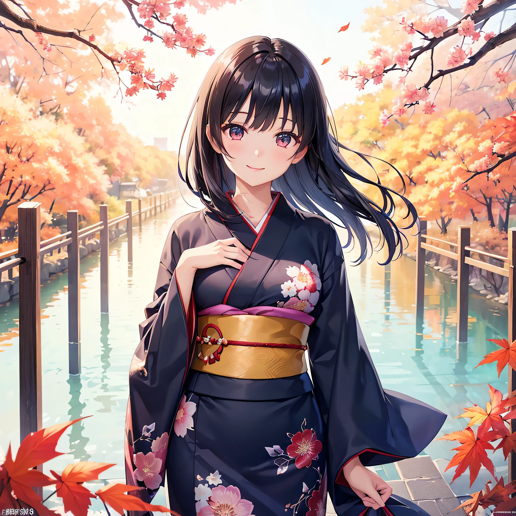 (Super beautiful woman in kimono)、((highest quality、8K masterpiece:1.3))、sharp focus:1.2、(super beautiful face:1.0)、(shiny skin:1.0)、realistic pictures、black haired、video writing、High resolution eyes and face、video writing、japanese actress、from the front、Medium chest、with a happy smile、wearing a kimono、under the autumn leaves、highest grade obi