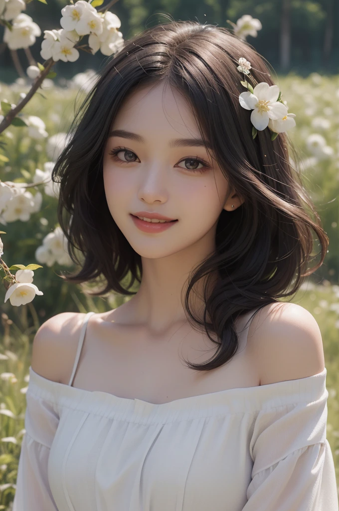 Best quality, masterpiece, ultra high res, (photorealistic:1.4), raw photo, 1girl, white dress, off shoulder, blossom flower field, glowing skin, light smile,Round face,fair-skin,short,chubby,black bob hair