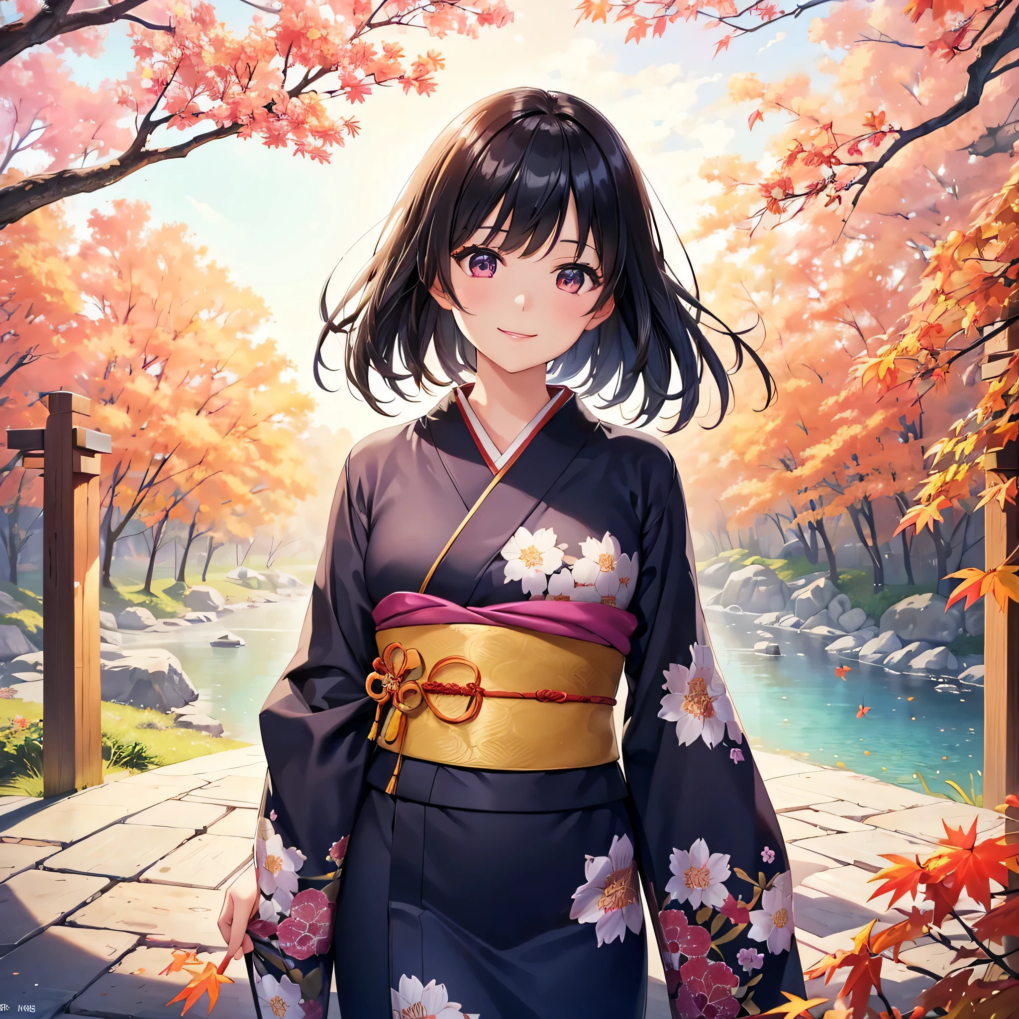 (Super beautiful woman in kimono)、((highest quality、8K masterpiece:1.3))、sharp focus:1.2、(super beautiful face:1.0)、(shiny skin:1.0)、realistic pictures、black haired、video writing、High resolution eyes and face、video writing、japanese actress、from the front、Medium chest、with a happy smile、wearing a kimono、under the autumn leaves、highest grade obi