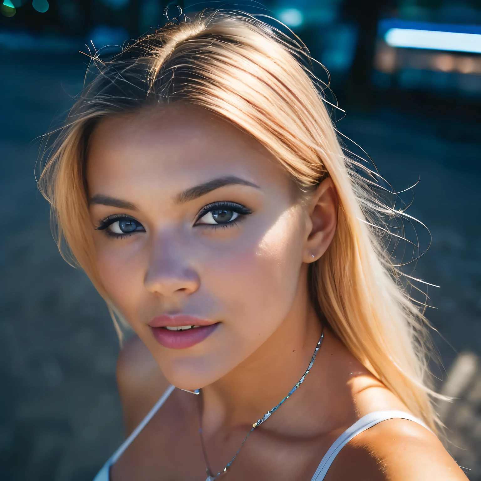 (selfie, top view: 1.4), (straight half of the body: 1.4), RAW UHD portrait photo of a 24-year-old blonde (blue-eyed woman) walking down on the beach, palm trees, (skirt), (neckline), details (textures! , hair! , glitter, color!! , disadvantages: 1.1), glossy eyes with high detail (looking at the camera), SLR lighting, SLR camera, ultra-quality, sharpness, depth of field, film grain (center), Fujifilm XT3, crystal clear, frame center, beautiful face, sharp focus, street lamp, neon lighting, bokeh (dimly lit), night, (night sky), detailed skin pores, oily skin, sunburn, complex eye details, full body, large breasts