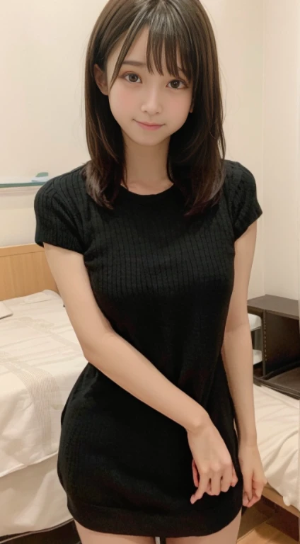 1 girl、best image quality、20th generation women、Gravure idol pose、sexy sweater、black eye、black haired、Japanese、Slender、Boyfriend's bedroom、Realistic、Correctly depict the structure of the human body、Draw a person in the center of the screen、attractive、slight smile、