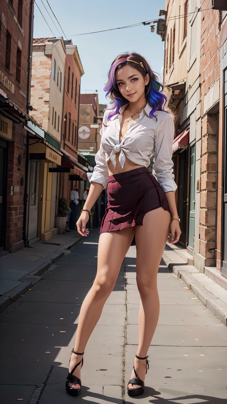 25 year old woman、Hair color is a gradient color、Eye color is blue、semi-long、hair is wavy、I&#39;m wearing eyeshadow and lipstick、I&#39;m wearing a headband、accessories on wrist、Slender but well-proportioned muscular body、wearing a tie front shirt、She&#39;s wearing a low-rise mini pleated skirt.、I&#39;m in an alley of brick buildings in an old western city、standing with legs crossed、smile、looking at the camera