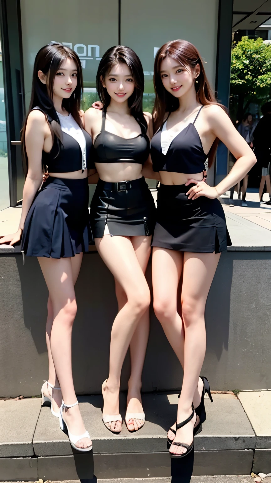 hot pants、Seductive smile、Supermodel、Perfect build、Muchimuchi、Three girls are looking at the viewer、 3 girls、、beautiful feet、smile、black sister、short ruffle skirt、