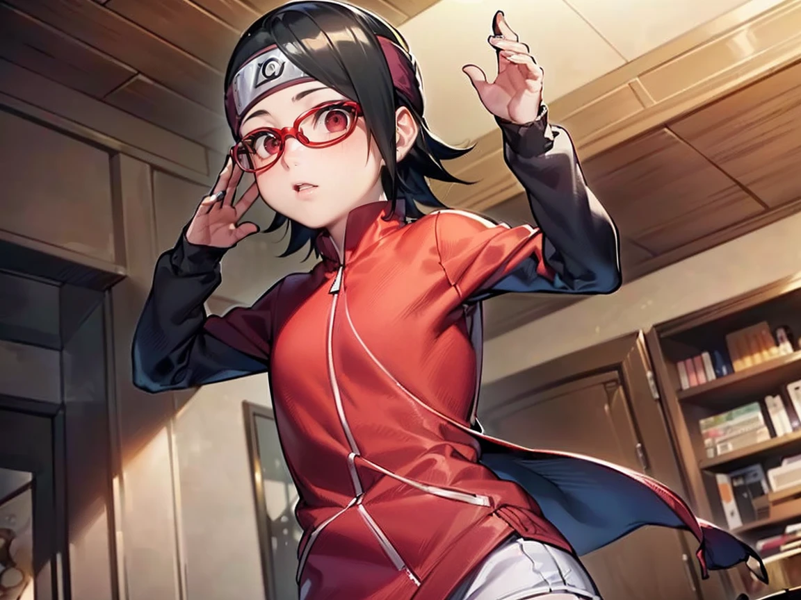 Sarada Uchiha, standing, rug, completely naked, big-ass, breasts small, short black hair, eyes black, forehead protector, view from the bottom, Sarada Uchiha looking at the viewer, blush cheeks, embarrased
