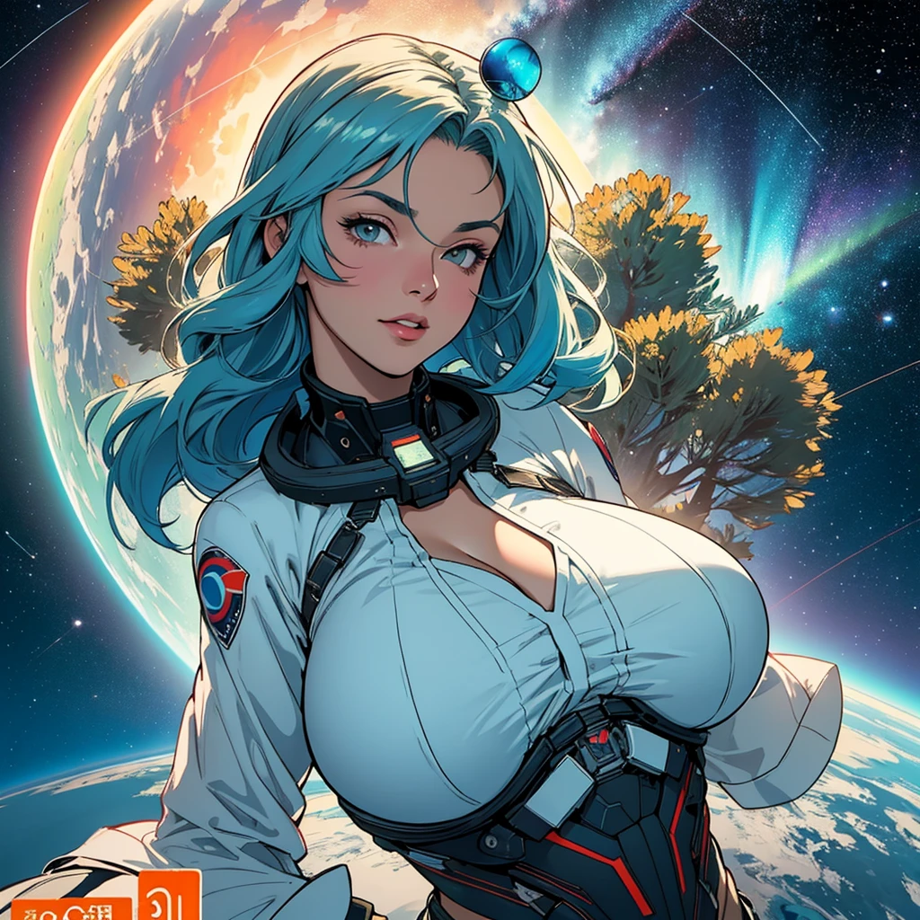 ((Earth-chan character from internet)) ((beautiful face)) (red lipstick) ((big bright eyes)) ((short blue and green hairstyle)) ((very huge breasts)) (perfect slim body) ((wears white shirt with nasa logo and short low cut pants)) ((choker)) (high resolution dynamic lights and shadows) ((masterpiece)) (8k) (perfect face) (best quality) (perfect hands and eyes)