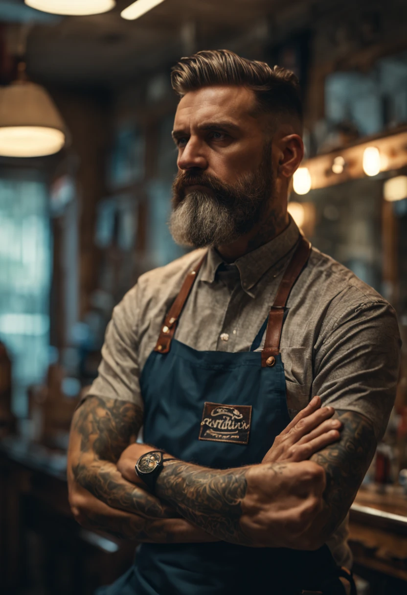 
4k highly detailed realistic RAW digital photography of very high quality, of 30 year old barber, arms crossed, full body, set in a barbershop in 8k, Cinematic lighting, Greg Rutkowski, wow, (F1.8 bokeh short focus)