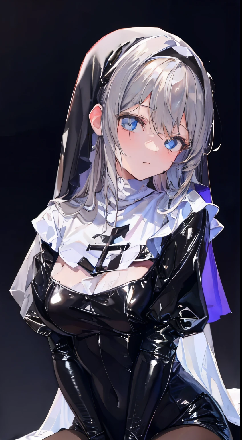 ((hypnotized girl)), blue big hypnotic eyes,  1  and slender woman, considerably enlarged breasts,   ((Gray hair)),((unkempt long hair,)),In 8K, top quality, (highly detailed head: 1.0), (very detailed face: 1.0), (highly detailed hair: 1.0),((nun black costume)), ((obscene indecency)), Detailed official artwork,  clean detailed anime art,((confused face)),  ((shame), ((sex))