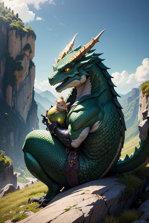 Ultra detallado、de primera calidad、high resolution、masterpiece、Sharp focus、3/5 disparos、Arte oficial、lighting like a movie、Unique lighting effects、Portrait of an ancient giant green dragon with big wings, lying on top of a rocky mountain、tiro al busto、escupir llama、fumar、Extiende las dos alas que crecen en la espalda.、cuatro patas