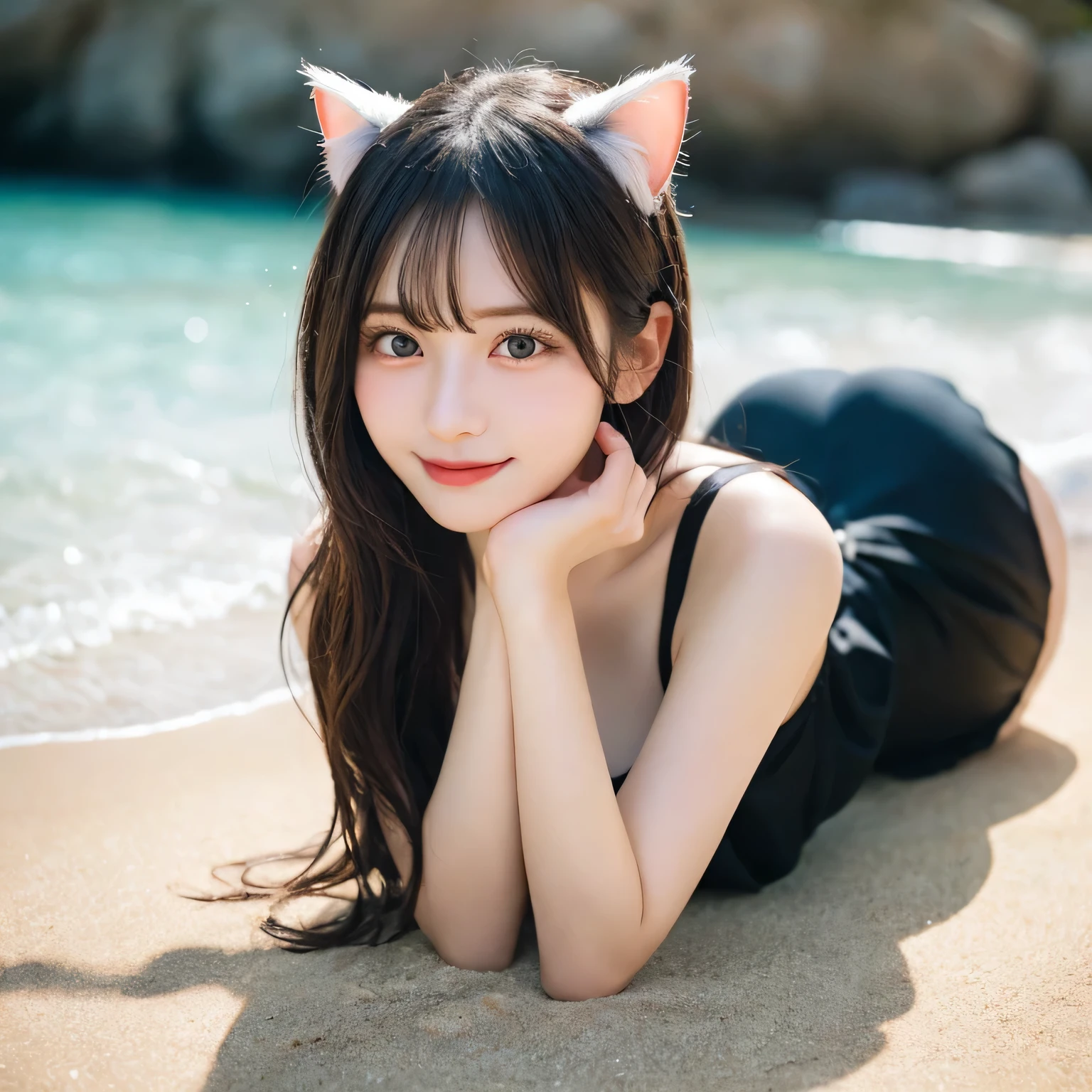 on the table, best quality, illustration, Super detailed, fine details, high resolution, 8k wallpaper, Perfect dynamic composition, Beautiful and delicate eyes,whole body摄影,show your whole body、thin and transparent、long gray hair, Bold sexy pose,Smile,Harajuku、20 year old girl、Eyeliner、beautiful bangs、hair between eyes、((masterpiece、top quality、Super detailed、movie light、intricate details、high resolution、Very detailed))、background for this、8 kood、digital SLR、soft light、high quality、film grain、富士XT3 、shallow view deep、natural soft light、Kamimei、See the knees, Look at the sexy shots of the lens、Bold sexy pose、Above the legs,whole body,whole body,whole body,Set on the beach、Rear view、Cat ear 、Cat ear 、Cat ear 、cat tail、cat tail、cat tail