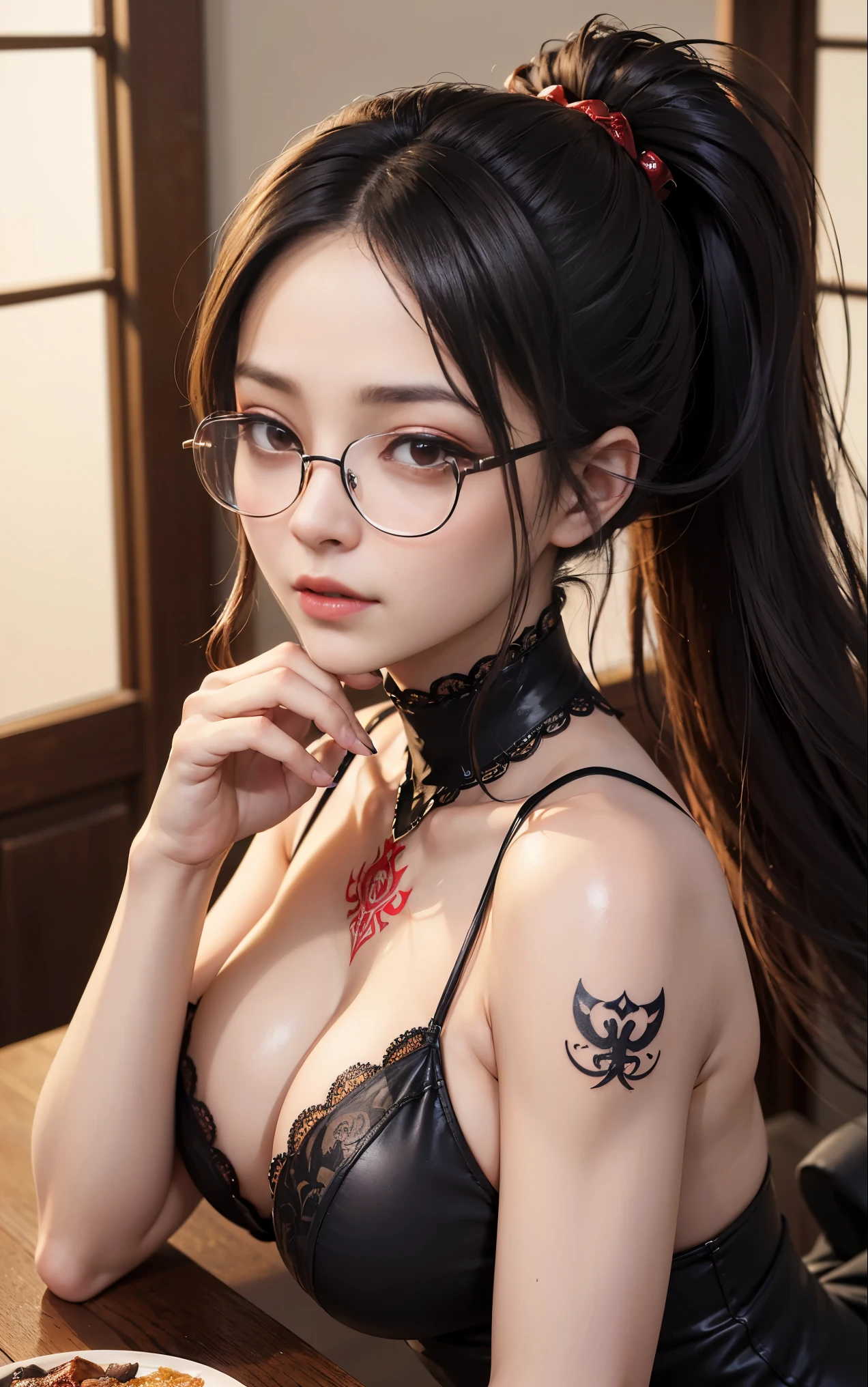 Are you okayですか、(best illustrations)、8k UHD resolution、intricate details、highest quality、realistic、Super detailed、best lighting、best shadows、soft lighting、Ultra HD、超realistic、Tyndall effect、Photoreal、(high detail skin:1.2)、 (intricate details, compensate, face to face with the children_v1:0.5), (Fine, beautiful and delicate face, Are you okay, beautiful and delicate eyes, perfectly proportioned face, high resolution skin, fine skin, Optimal ratio of 4 fingers and 1 thumb, arm under chest, red tattoo on lower abdomen、wow wow, wide hips, smooth abdomen, thin and thin skin, __fashion__, __hair__:1.25)、Digital single-lens reflex camera、 absurd、(table top: 1.3), (maximum resolution: 1.2), (Ultra HDTV: 1.2), cinematic light, fine eyes and skin, detailed facial features, , (sharp focus: 1.2）, (focus on face:1.2),perfect style, beautiful face, acura, anatomically correct, Highly detailed face and skin texture, fine eyes, double eyelid, thin eyebrows, glitter eyeliner: 1 natural cheeks, Glossy skin, Fair skin: 1.2, (glossy lips: 1.4),(embarrassed look: 1.2),Highly detailed face and skin texture, fine eyes, double eyelid, natural cheeks,  glossy lips: 1.4,exposed cleavage、Bewitching。attractive、 Beautiful devil woman from hell, Surreal female portraits by David Hockney and Alphonse Mucha, attractive女性の肖像画、fantasy art, chinese doll、Chinese actress、dungeon、dragon、devil&#39;s palace、devil&#39;s torture chamber、night、dark style 、in the dark、(detailed spooky background:0.8), magic、 1 girl、evil nun、dark necromancer、Succubus、devil&#39;s daughter、Shinonome Umi、bat wings，(((devil&#39;s horns)))、 ((((giant glasses, otaku glasses, thick glasses, round glasses)))),(((big breasts)))、(devil&#39;s tail)、(red eyesは光り輝いて:1.6)、red eyesは非常に鮮明で詳細です, The eyes are made up very beautifully, ((red eyes:1.0)),intricate tattoo, demonic intricate tattoo, Tattoo on the thigh, body tattoo, masterpiece、最もbeautiful face、baby face、cute smile、beautiful plump red lips、筋肉のattractive体、悪魔のattractive体、devil style、attractiveブラックマジックコスチューム、The long-haired、Braid、Black hair、Ponytail distortion、, Ponytail with a bow tied at the back of the hair, beautiful expression、body up、big breasts強調、bust,  super tight chest, Breast augmentation surgery, The chest is very large and round,tight waist、wide ass、 discreet key, cowboy lens, (Black Phoenix Dress: 1.0),  devil crown,  red sparkling gemstone necklace、Jewelry G Wise,  Please wear black mesh socks,Wear light red、nffsw, nffsw, meet beautiful girls, look at the girl&#39;s body, (upper body portrait), Protagonist Close-up, 