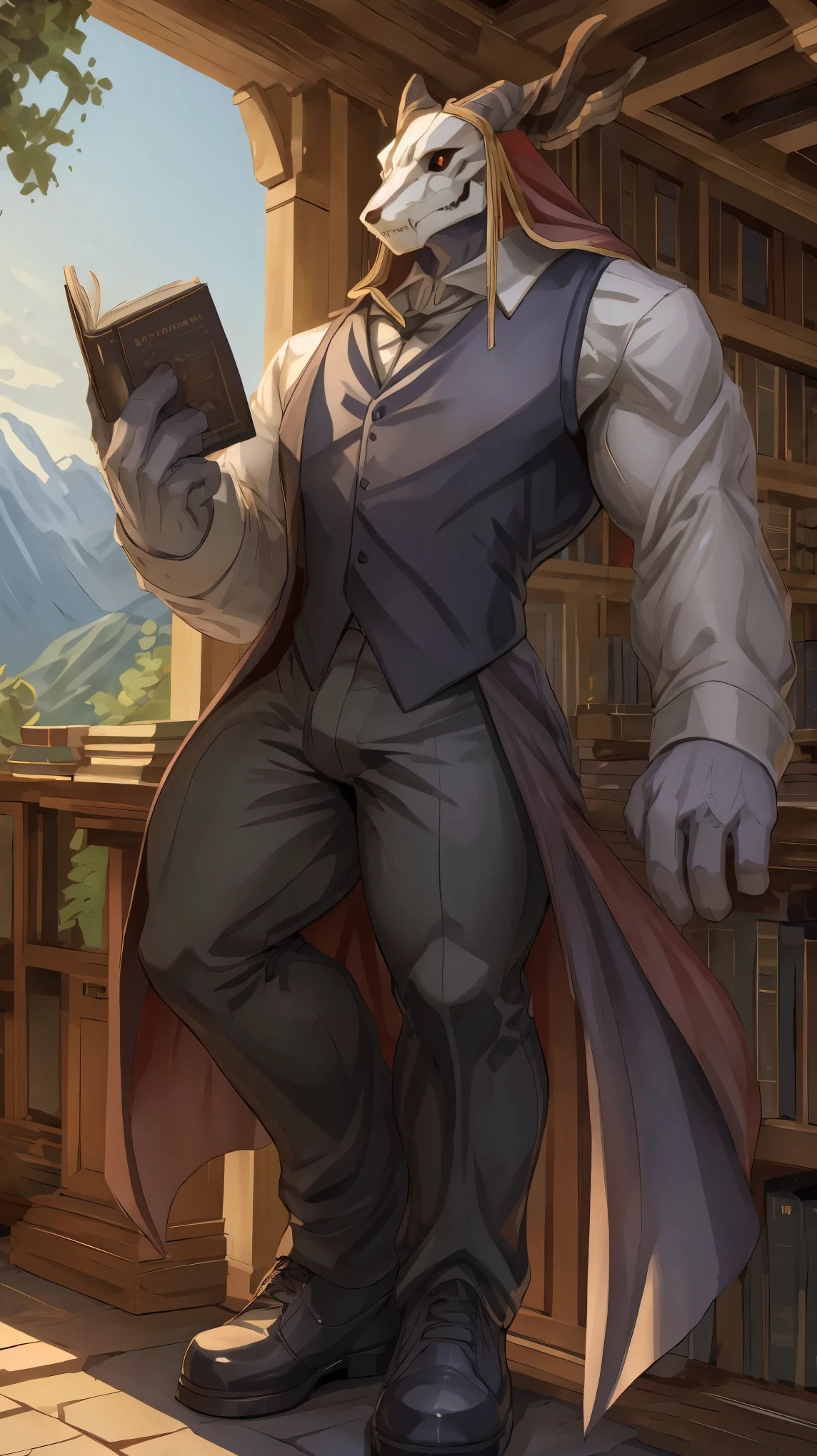 masterpiece, high quality, absurd res, digital painting \(artwork\), volumetric lighting, male, adult, ((solo)), elias_(changed), (dynamic posture: 1.5), (high saturation) (EliasAinsworth, vest, dress shirt, veil, gloves, pants, shoes, broad shoulders, bare shoulders, open legs, large_body, tail, very long legs, long arms, very tall, black_musculine_body, EliasAinsworth) (wallpaper, 4k), (reading pose) close_up_shot, front_view_pov, half body shot, detailed background, library, outside, day, forest, mountain, mountains in the distance, by (by Pino Daeni, (by ruaidri), yupa, kiyosan), detailed background, anime, (dark shadows, wide dynamic range, hdr, low light:1.2), BadDream,fcNeg,by littleblackalas