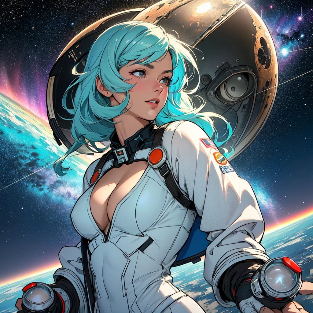 (((32k))),(((Highest品質))),(Perfect One Woman),60's,70's,80's,old movie posters,retro,vintage,bauhaus,abstract,Space Thriller Movie Poster,Futuristic,shape,OK,cosmos,galaxy,satellite,mechanical,Geometric pattern,meteor,meteorite,planet,very delicate,宇宙飛OK士,Milky Way,((big breasts)),(cleavage),rainbow,massive stream of light,flare,overlay,aurora,Starry sky,infinite possibilities,strongest,Highest,(perfect fingers),perfect physical beauty,perfect limbs,