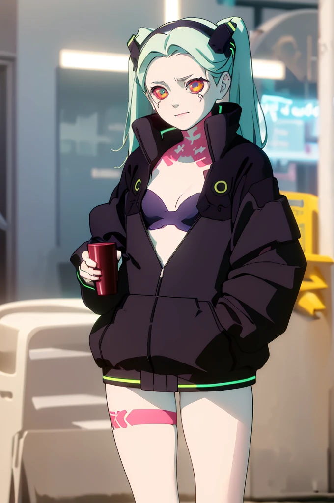 (extremely detailed CG unity 8k wallpaper),(masterpiece),(best quality),(ultra-detailed),(best illustration),(best shadow),(absurdres), rebecca, 1girl, solo, twintails, underwear, cup, white skin, jacket, smile, tattoo, colored skin, bra, colored sclera, mechanical eye, artificial eye, leg tattoo, neck tattoo, red sclera, holding cup, holding, looking at viewer, green hair, breasts, partially unzipped, black bra, long hair, small breasts, blue bra, , headgear, black jacket, red pupils, blurry background, hairband, black hairband, blurry, aqua hair, closed mouth, cleavage, standing, cyborg, long sleeves