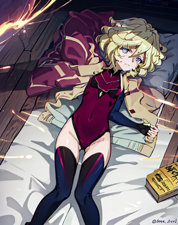 highest quality,sleep on your back in bed，Crab crotch，show me your boots，thigh high boots，leotardチラ見せ，glove，elegant, 1 girl, leotard，body suit，cute, blushed, looking at the viewer, from below, prison，blue eyes, beautiful eyes, beautiful background, particles of light, Light of the sun, dramatic lighting, outside, shiny, realistic, table top, highest quality, Super detailed, get used to it, scenery, beautiful and detailed eyes, thin hair，full body shot，