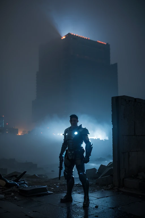 A strong man wearing sci-fi armor,Holding sci-fi firearms,Standing in front of the ruins of the city wrapped in blue fog