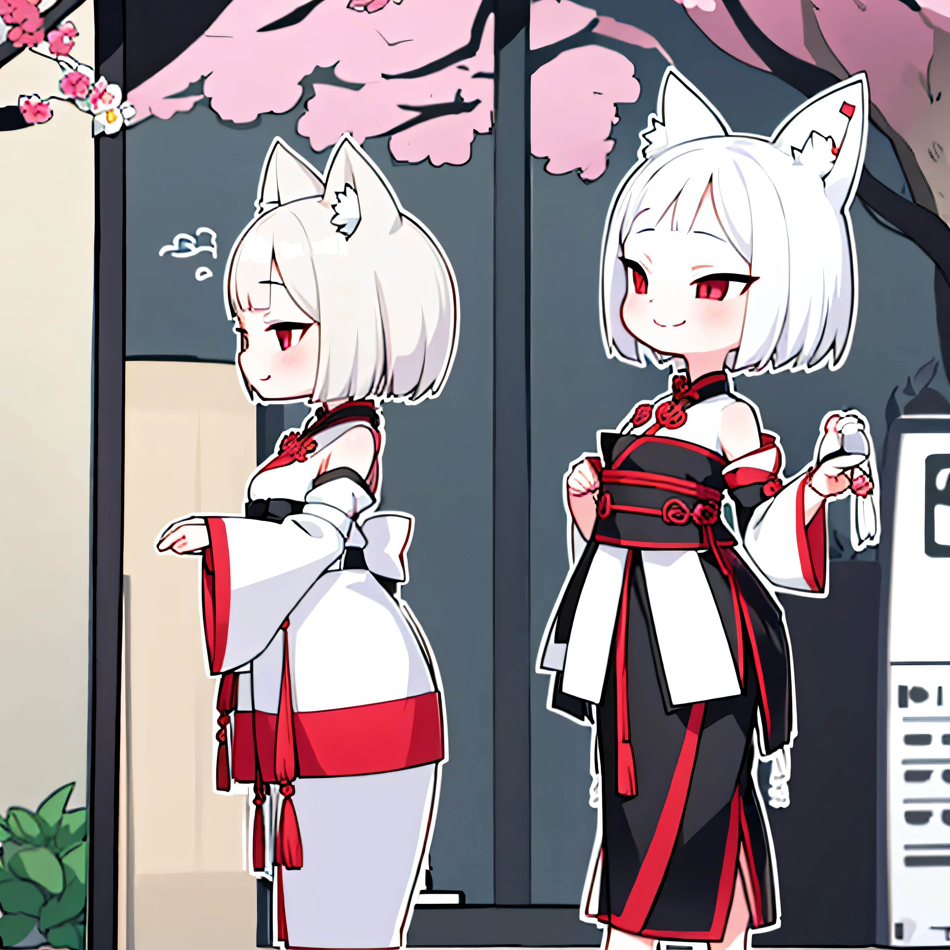 White short hair, Cat's ears, girl, Oriental traditional clothing, Black short skirt, 3 head body type, cute characters, SD Character, Side profile smiling while looking down, no nose