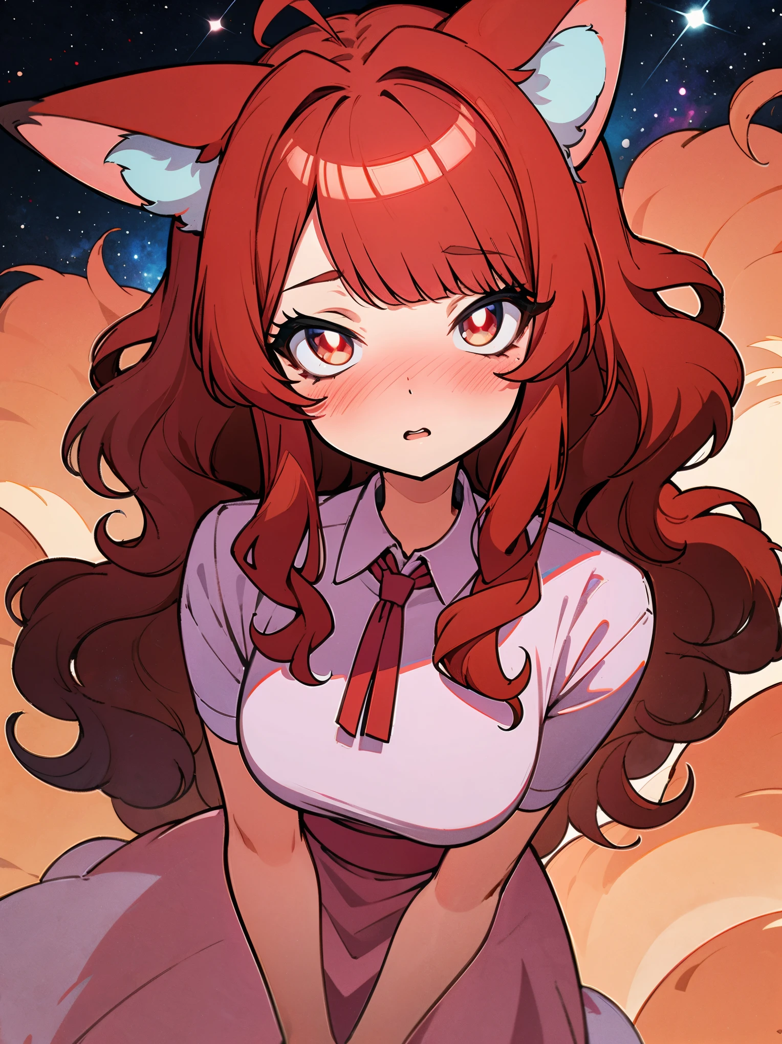 matte, (masterpiece), best quality, vibrant colors, expressive eyes, perfect face, 1woman, (animal ears), (fox ears), (hidden ears), (red hair:1.2), {hair bangs}, {wavy hair}, crimson eyes, (wearing a sundress), frills, shy, blushing, surprised galaxy background, in space, (color pastel effect), pastel tones filter, angle view, looking at the viewer, rim lighting
