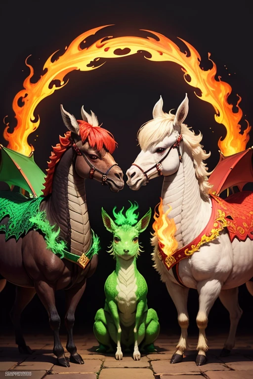 Dragon verde, grandes alas, fuego ardiendo, grandes llamas luminosas.