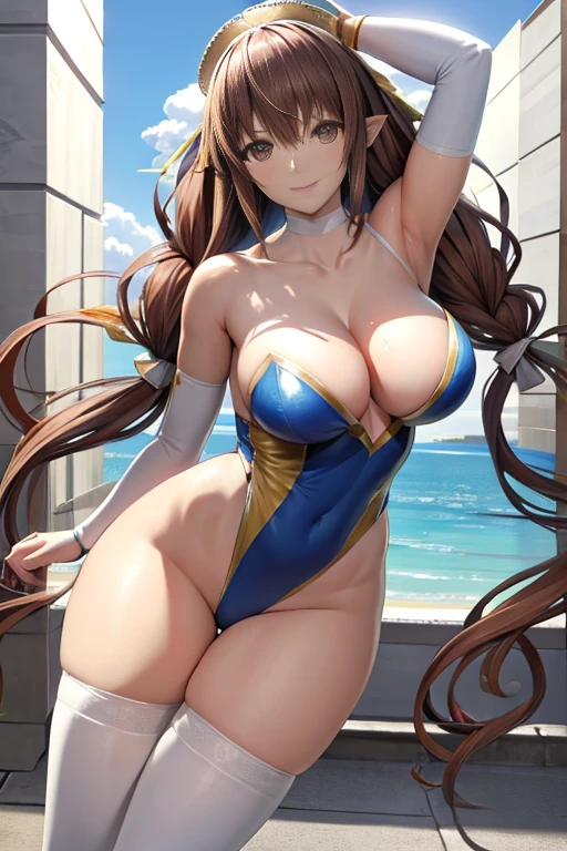 masterpiece, high resolution, best quality, beautiful art, 1 woman, solo, Rinna Mayfield, big breasted, cleavage, mature woman, sexy body, blue_japanese_clothes, sleeveless, white stockings, pelvic curtain,sexy outfit, full body, fighting in combat, showing her fighting skills, action scene, being confident and proud, fighting the viewer, smiling joyfully, sexy moves, fighting scene, beach environment