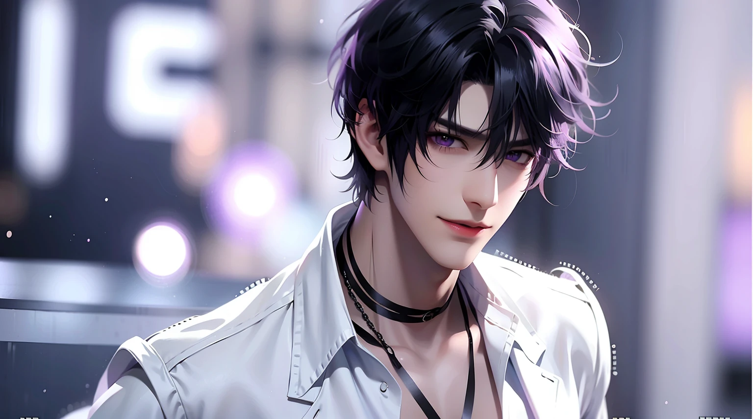 1 boy, solo, short hair, black hair, asymmetrical fringe, purple eyes, (mature male, mature:1.2), (pixiv:1.4), handsome, sharp eyes, male focus, high quality, masterpiece, white dress shirt, necklace, smile, toned body, smile
