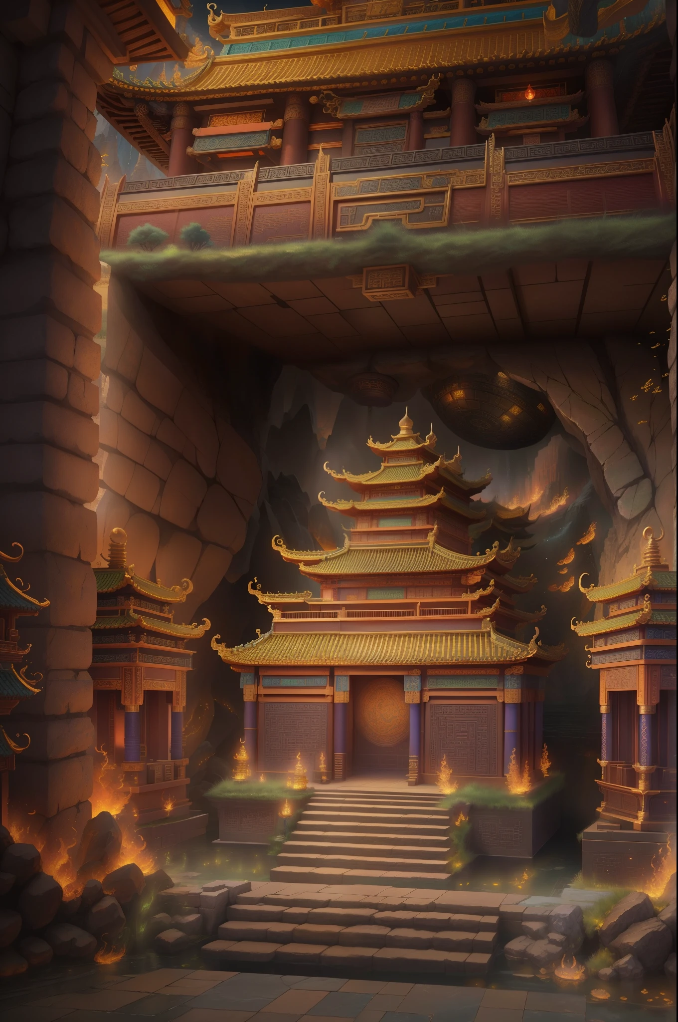 Intricate underground palace,mechanisms,ingenious design,ornate decorations,everlasting flames,myriad of burial objects,mysterious creatures,maze of the dragon's tomb,Qin Shi Huang's mausoleum,Terracotta Army,Mercury river,levitating palace,(best quality,4k,8k,highres,masterpiece:1.2),ultra-detailed,(realistic,photorealistic,photo-realistic:1.37),HDR,UHD,studio lighting,ultra-fine painting,sharp focus,physically-based rendering,extreme detail description,professional,vivid colors,bokeh,landscape,wispy color tones,warm lighting