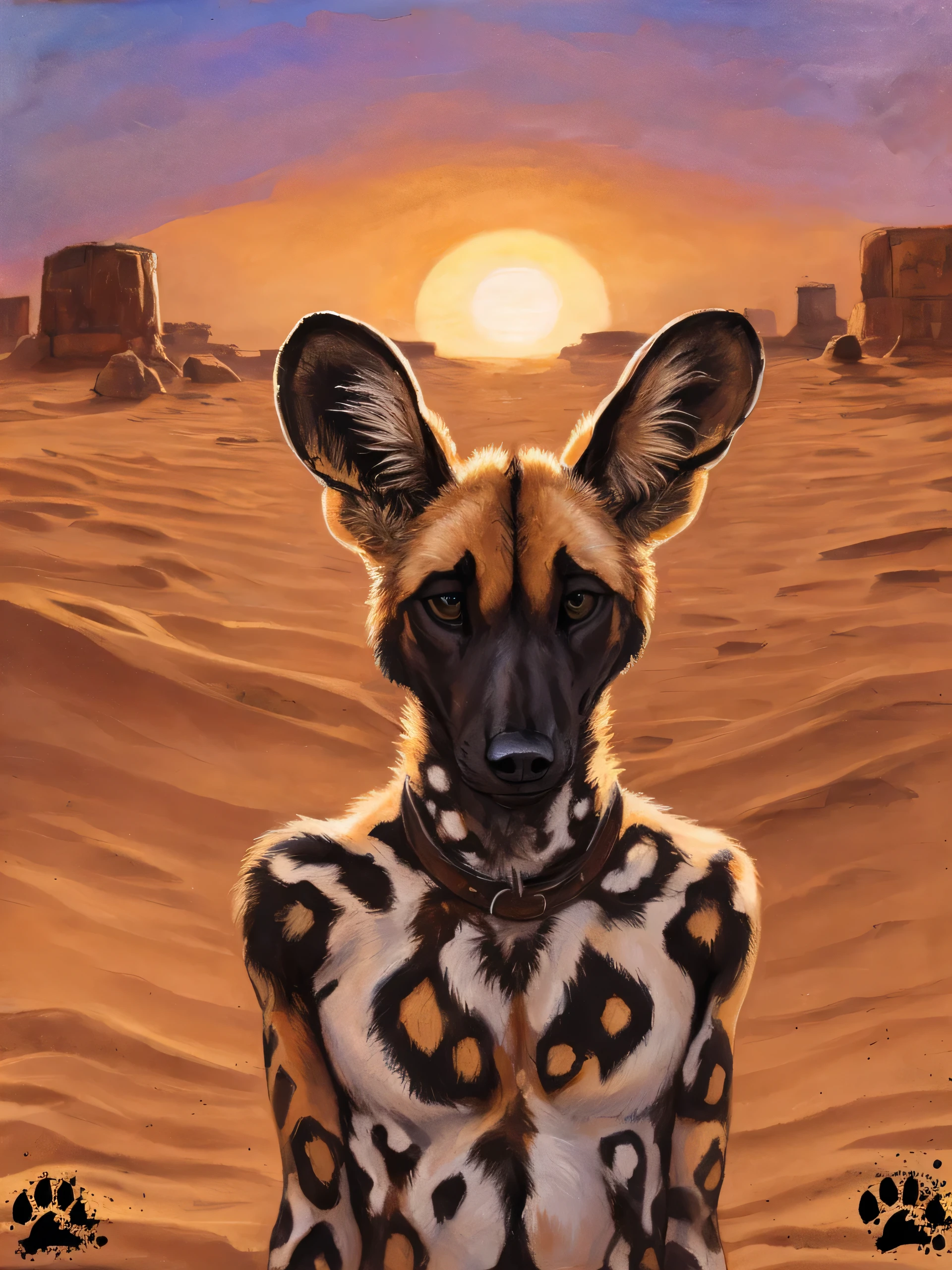 solo, anthro, African Wild Dog, feminine body, submissive, panting, shy, male, shaggy fur, thick fur, tail, beautiful eyes, perfect eyes, symmetrical eyes, (black retinas:1.2), detailed background, sahara desert background, dusk, realistic, photorealistic, ultra realistic, 8k, (by blotch), shy pose, setting sun