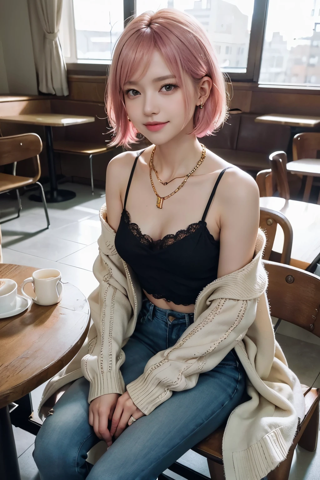 (8K, top-quality, masterpiece:1,2), (reallistic, Photorealsitic:1.37), Super Detail, One girl,), (Highly detailed), (beautifully detailed eyes), (of the highest quality), (super detailed ), (masterpiece), (Detailed face),20yr old, ,1 girl, ((pink hair,Very short hair)), medium breasts, clothed, Perfect Lighting, (beige oversized coat:1.3, clothed), (white knit sweater:1.4), (black lace camisole:1.4), (dark indigo skinny jeans:1.3), (gray heattech socks:1.2), (brown leather boots:1.2), (gold chain necklace:1.2), (gold stud earrings:1.2), BREAK hair swept to the left, smiling, looking at the camera, right hand holding beige oversized coat on shoulder, left hand rolling up white knit sweater sleeve, cafe terrace, wooden table and chair, natural light, shadows on face and clothes
