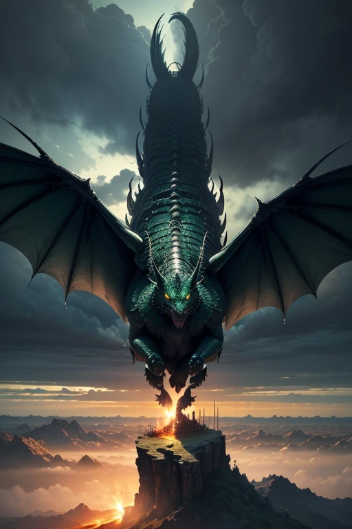 Majestic green dragon in flight, con alas extendidas y cuerpo serpentino cubierto de escamas brillantes. Sus ojos agudos miran hacia adelante, mientras volutas de humo escapan de sus fosas nasales en un Paisaje del Infierno, El fondo del infierno, La batalla final en el infierno, apocalypse landscape.