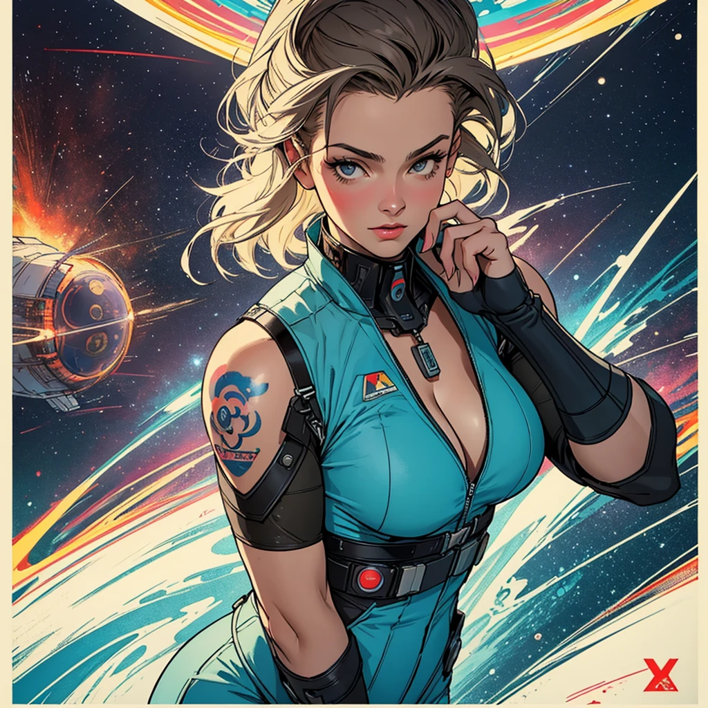 (((highest quality))),masterpiece,1 woman,((the perfect person)),((Super beautiful woman)),detailed perfect face,retro,vintage,classic,60's,70's,80's,old movie posters,abstract,((スペーススリラーmovie poster)),(Futuristic),Geometric pattern,very delicate,movie poster_white frame,universe,Milky Way,planet,,propaganda,universe飛行士,breast enhancement,simple,(big breasts),(cleavage),cyber punk,massive stream of light,overlay,SF,A scene from a science fiction movie,universeステーション,tattoo,American comic book style,perfect fingers,perfect physical beauty,perfect body,anime,Tank top