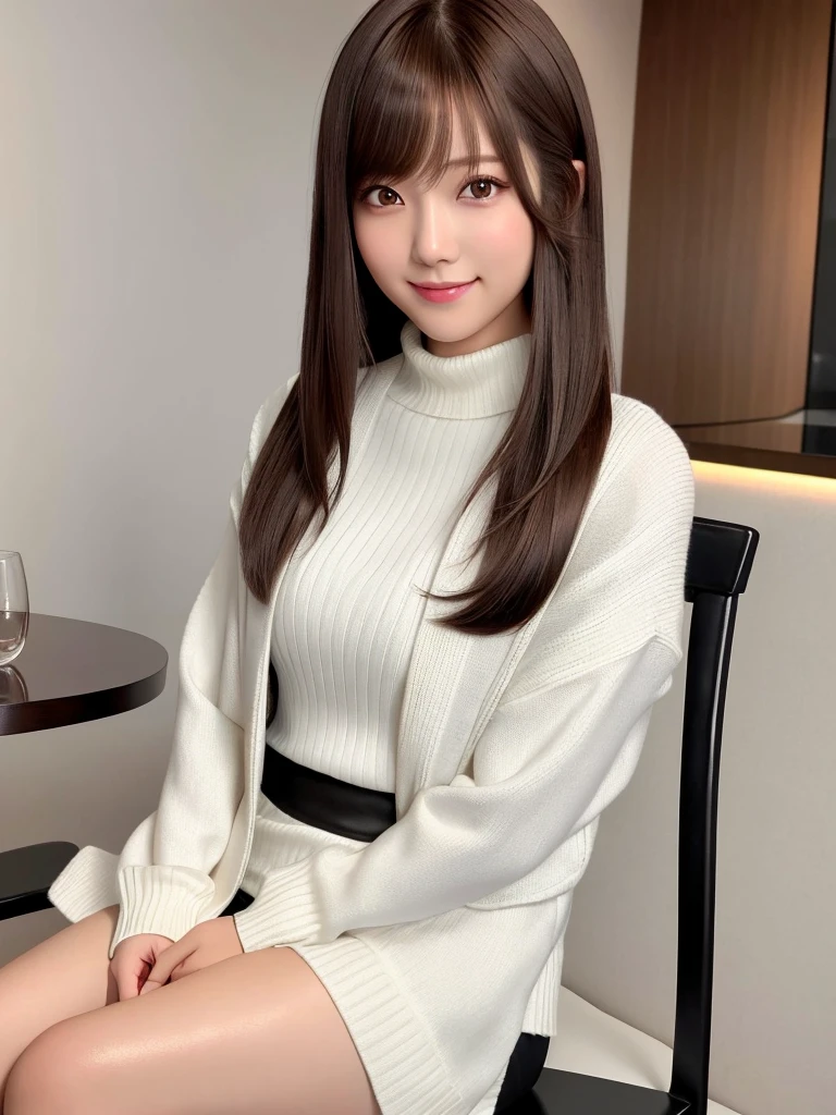 mastepiece, 1 girl per 1 photo, upper body shot, front view, a Japanese young pretty girl, long bob hair, sitting with a big smile on a chair in front of a table in a luxury restaurant in the night, a white jacket over a black turtleneck sweater, black miniskirt, black leather long boots, hyper cute face, glossy lips, double eyelids for both eyes, natural makeup, shiny smooth light brown hair of long bob hair, asymmetrical bangs, high resolution, high detail, detailed hairstyle, detailed face, cinematic lighting, octane rendering, hyper realistic, perfect limbs, perfect ???????
