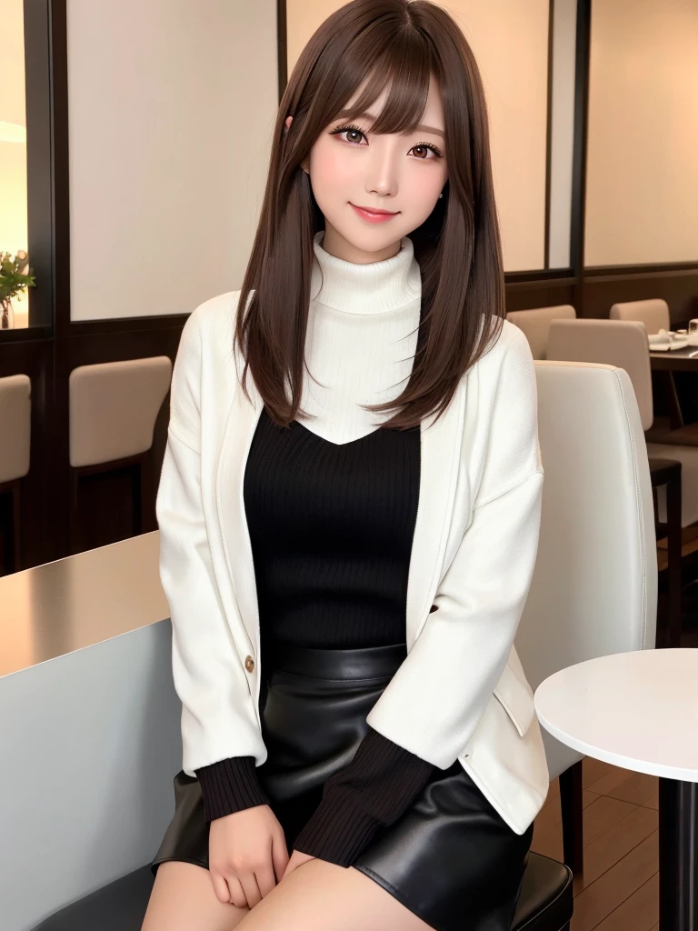 mastepiece, 1 girl per 1 photo, upper body shot, front view, a Japanese young pretty girl, long bob hair, sitting with a big smile on a chair in front of a table in a luxury restaurant in the night, a white jacket over a black turtleneck sweater, black miniskirt, black leather long boots, hyper cute face, glossy lips, double eyelids for both eyes, natural makeup, shiny smooth light brown hair of long bob hair, asymmetrical bangs, high resolution, high detail, detailed hairstyle, detailed face, cinematic lighting, octane rendering, hyper realistic, perfect limbs, perfect anatomy