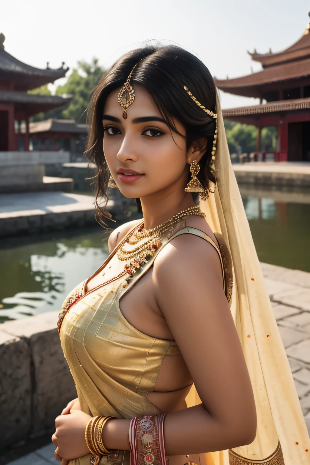 side nude topless portrait of A confident-looking indian woman princess with long flowing hair, hazel eyes, wearing designer jewellery, designer royal crown, visible c-cup breast sitting on royal garden, palace background, bokeh perfect composition, hyperrealistic, super detailed, 8k, high quality, trending art, trending on artstation, sharp focus, nude photo shoot, intricate details, highly detailed, art by greg rutkowski