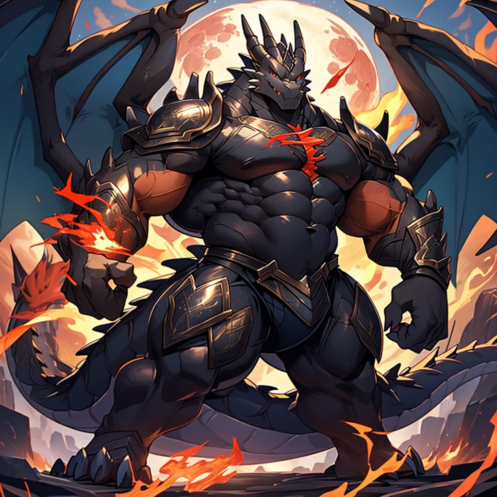 The violent and powerful Black Dragon King，Huge dragons，(The strong Black Dragon King wears modern black and gold armor：100)，(Strong pectoralis major，Strong build，majestic wingspan，Sharp and huge dragon claws，thick dragon tail：2)，(blue dragon flame：2)，A large dragon-shaped demon，thunder，blood moon，Dragon legs apart，overwhelming sense of presence，full body picture，Very detailed，4K HD