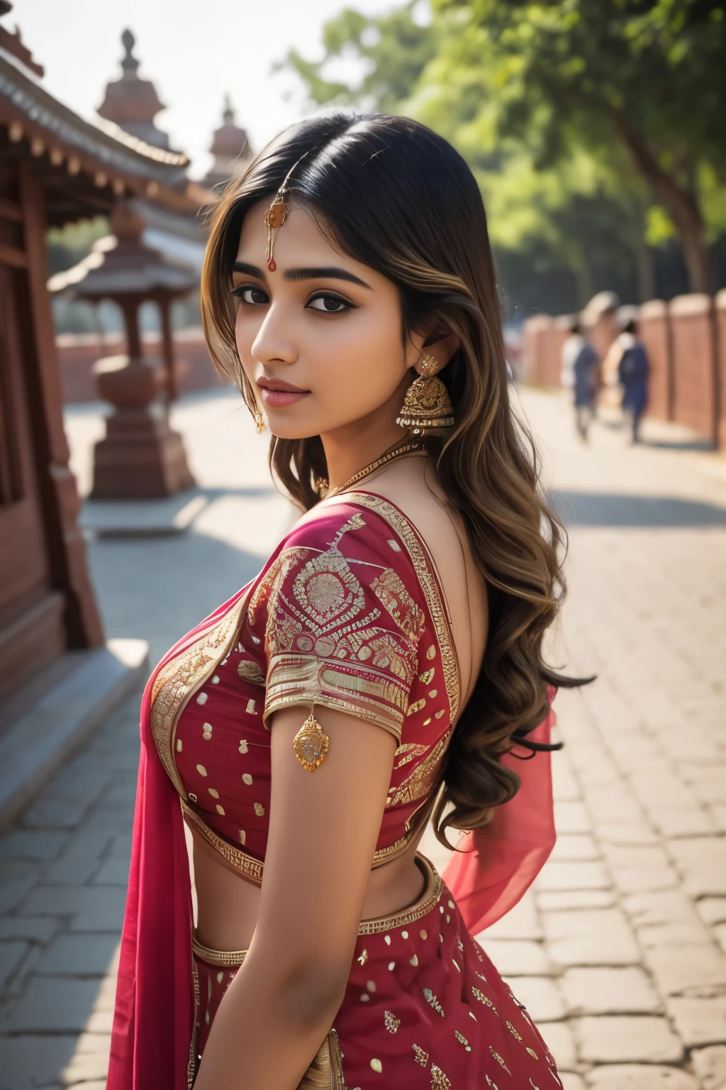 young Indian girl, 18-year-old,(((desi girl))), chubby face, natural skin, wearing hot deep neck top and dupatta, charming black hair, ((hair ends are blonde)), city streets background, bokeh  gentle sun lighting on face , firm , big breast, thick ass, big ass, full body photo, village mood , thousand pillar temple, clear blue sky, ducks, pond, birds, girl holding deepam , village girl vibe, intricate facial details, full body picture,pose flawless complexion, top-notch 3D rendering, hyper-realistic, shot on Indian road. photorealistic digital art trending on Artstation 8k HD high definition detailed realistic, detailed, skin texture, hyper detailed, realistic skin high resolution, detailed, raw photo, 400 camera f1.6 lens rich colors hyper realistic lifelike texture