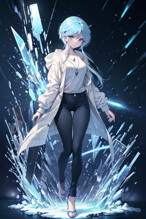  Yukime,Yukime　Nu～B～, 1 girl, alone, light blue hair,long hair,light blue eyes,Black long coat,white v-neck sweater,necklace,skinny pants,stiletto heels,blush,smile,In town,winter,It&#39;s snowing,(masterpiece:1.2), highest quality, High resolution, unity 8k wallpaper, (figure:0.8), (beautiful and fine eyes:1.6), highly detailed face,highly detailed eyes, highly detailed hands,highly detailed fingers,Highly detailed feet,perfect lighting, Very detailed CG, (perfect hands, perfect anatomy),