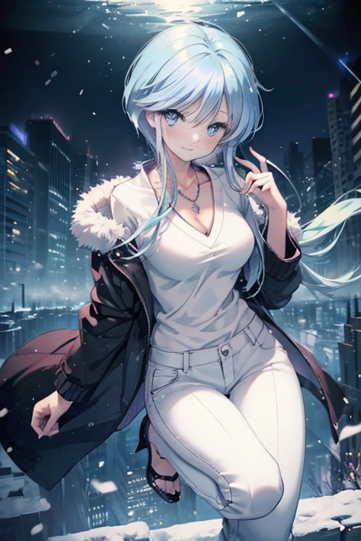  Yukime,Yukime　Nu～B～, 1 girl, alone, light blue hair,long hair,light blue eyes,Black long coat,white v-neck sweater,necklace,skinny pants,stiletto heels,blush,smile,In town,winter,It&#39;s snowing,(masterpiece:1.2), highest quality, High resolution, unity 8k wallpaper, (figure:0.8), (beautiful and fine eyes:1.6), highly detailed face,highly detailed eyes, highly detailed hands,highly detailed fingers,Highly detailed feet,perfect lighting, Very detailed CG, (perfect hands, perfect anatomy),