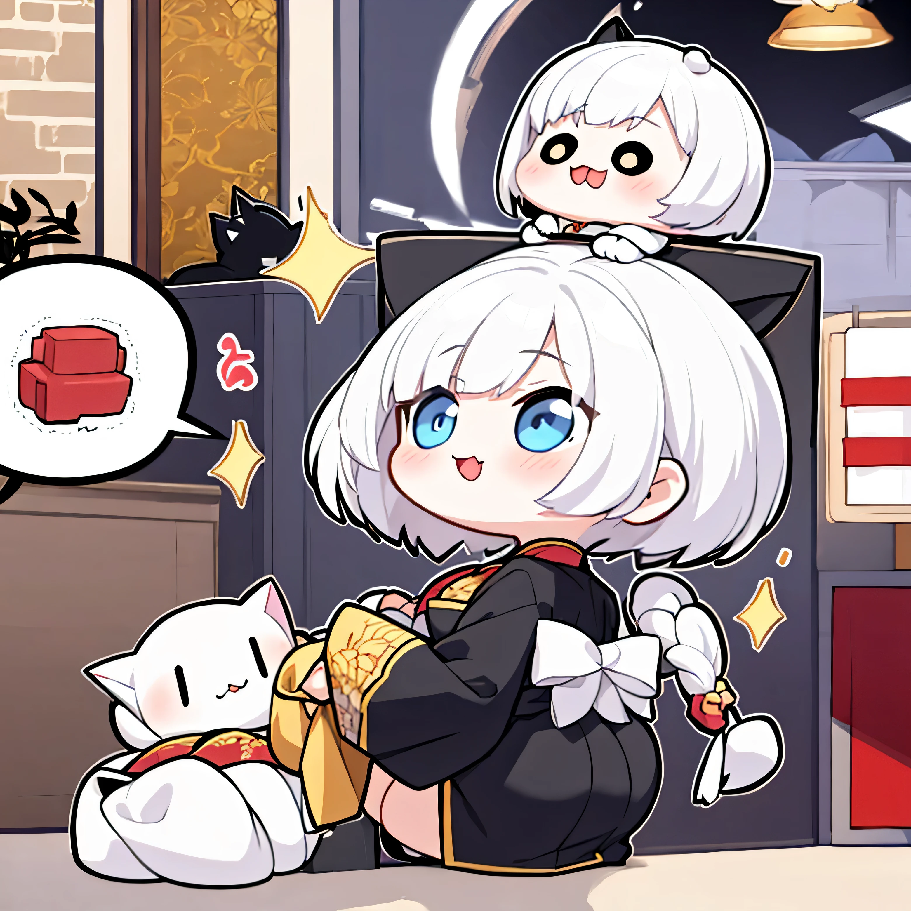 White short hair, Cat's ears, girl, Oriental traditional clothing, Black short skirt, 3 head body type, cute characters, SD Character, back of head