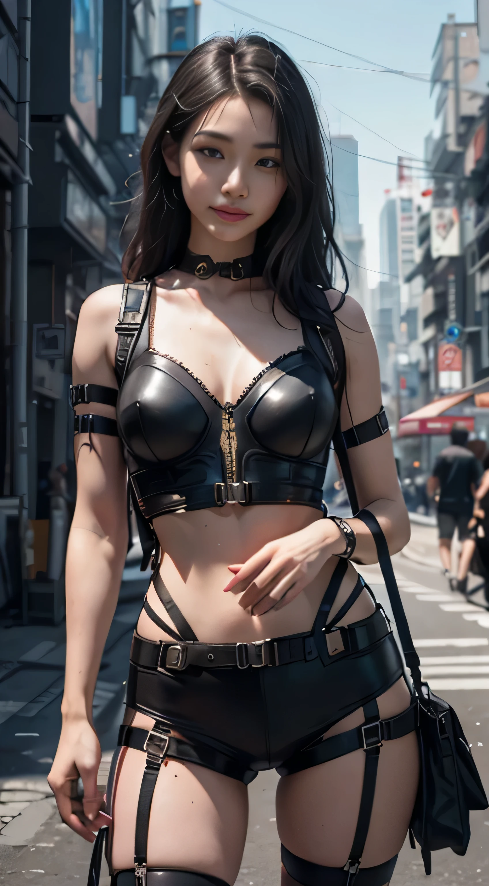 Beautiful hyperrealistic photograph of cute smiling Japanese cyberpunk female, wearing (((cyberpunk armor))), (((combat harness))), shapeless cyberpunk hair, elegant pose, cyberpunk street background, abstract beauty, near perfection, pure form, Golden Ratio, minimalism, concept art, By Brian Froud and Carne Griffiths and Wadim Kashin, intricate detail, 8k post-production, High resolution, super Detail, trending on ArtStation, sharp focus, studio photos, intricate detail, Very detailed, By Greg Rutkowski