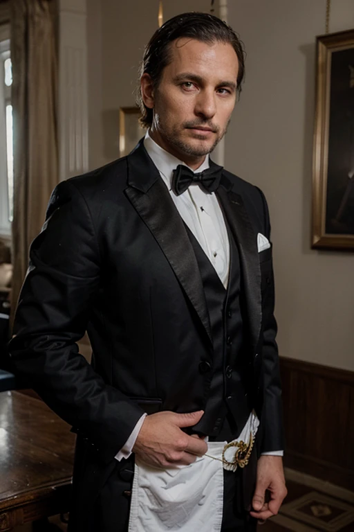 A Freemason in a tuxedo and masonic apron, 35 years old, stands facing right. He looks determined.