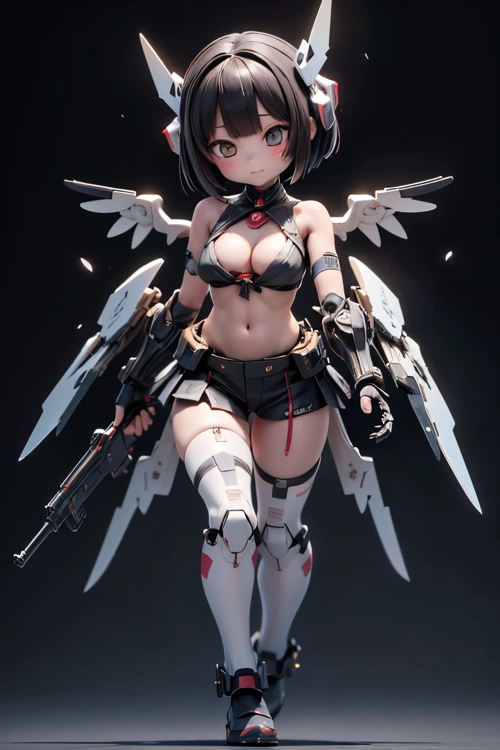 {(japanese young girl)}, (She is fused with futuristic Gundam mecha:1.2), with headgear, with v-fin , ((unarmored cleavage)), ((unarmored stomach)), ((unarmored upper arms)), ((unarmored face)), (unarmored hands), (unarmored waist), ((unarmored thighs)), (unarmored ankles), japanese girl wear light blue and white striped pantie under armor, full body:1.5, ,destroyed city background, multilayer textureperfect proportions, octane rendering, duotone lighting, Low ISO, wide aperture, White balance, Rule of thirds, ultra HD16k, HDR (High Dynamic Range), Ray Tracing, NVIDIA RTX, Super Resolution, Subsurface Scattering, PBR Texturing, Post Processing, Anisotropic Filtering, Depth of Field, Maximum Clarity and Clarity, High efficiency subpixel, subpixel convolution, particles of light, light scattered, Tyndall effect, full body:1.5, battle pose, cute, (cute:1.2), (bob cut:1.3),三つ編み, 黒髪, 太い眉毛, 薄い色の虹彩, 大きくて輝いている黒い瞳, 長いまつげ, 小さく薄い色の自然な唇, (Average face of Japanese idols), (日本人特有の童顔:1.3), (baby face), 広いおでこ:1.2, ふっくらした頬, 小さな顎, visible side boob, (mechanical wings), holding weapon,holding huge weapon, holding Very large shield, , asymmetric body,looking at viewer,Focus on the eyes,with sleek and menacing design, (完璧な4本の指, 親指1本),