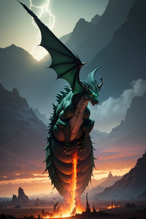 Majestic green dragon in flight, con alas extendidas y cuerpo serpentino cubierto de escamas brillantes. Sus ojos agudos miran hacia adelante, mientras volutas de humo escapan de sus fosas nasales en un Paisaje del Infierno, El fondo del infierno, La batalla final en el infierno, apocalypse landscape.