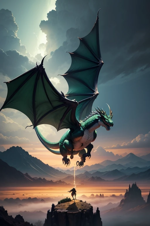 Majestic green dragon in flight, con alas extendidas y cuerpo serpentino cubierto de escamas brillantes. Sus ojos agudos miran hacia adelante, mientras volutas de humo escapan de sus fosas nasales en un Paisaje del Infierno, El fondo del infierno, La batalla final en el infierno, apocalypse landscape.